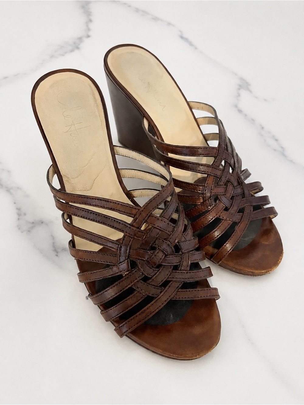 Cole Haan Brown Woven Leather Wedge Mules - Picture 2 of 5
